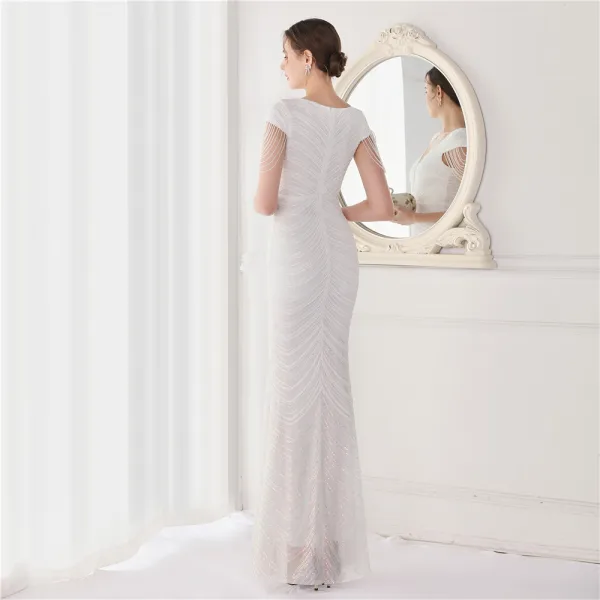 Sexy Black Beading Sequins Evening Dresses 2022 Trumpet / Mermaid V-Neck Sleeveless Floor-Length / Long Evening Party Formal Dresses