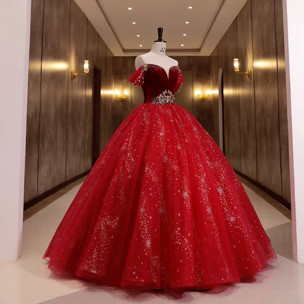 Chic / Beautiful Red Star Sequins Suede Prom Dresses 2022 Ball Gown Off-The-Shoulder Short Sleeve Backless Beading Floor-Length / Long Formal Dresses