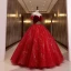 Chic / Beautiful Red Star Sequins Suede Prom Dresses 2022 Ball Gown Off-The-Shoulder Short Sleeve Backless Beading Floor-Length / Long Formal Dresses