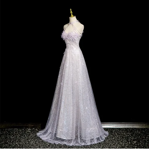 Charming Lavender Beading Appliques Sequins Prom Dresses 2025 A-Line / Princess High Neck Sleeveless Backless Floor-Length / Long Formal Dresses