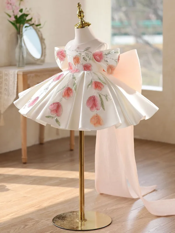 Flower Fairy White Beading Pearl Appliques Sequins Short Bow Birthday Flower Girl Dresses 2026 Ball Gown Off-The-Shoulder Short Sleeve