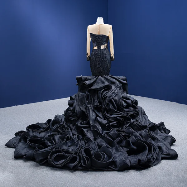 High-end Black Beading Rhinestone Sequins Evening Dresses 2022 Trumpet / Mermaid Scoop Neck Long Sleeve Cascading Ruffles Royal Train Evening Party Formal Dresses