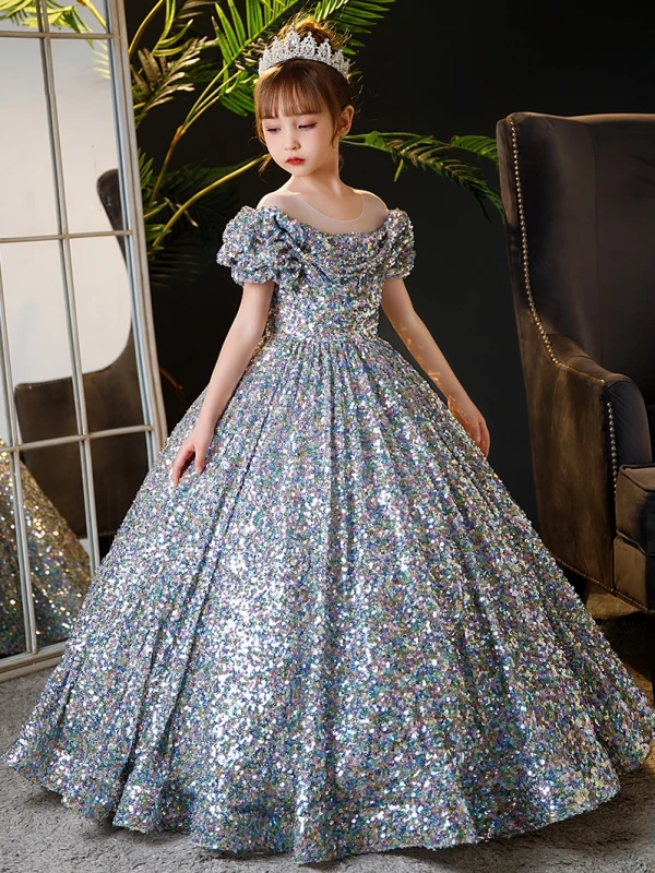Sparkly Multi-Colors Sequins Birthday Flower Girl Dresses 2024 Ball Gown Scoop Neck Short Sleeve Floor-Length / Long