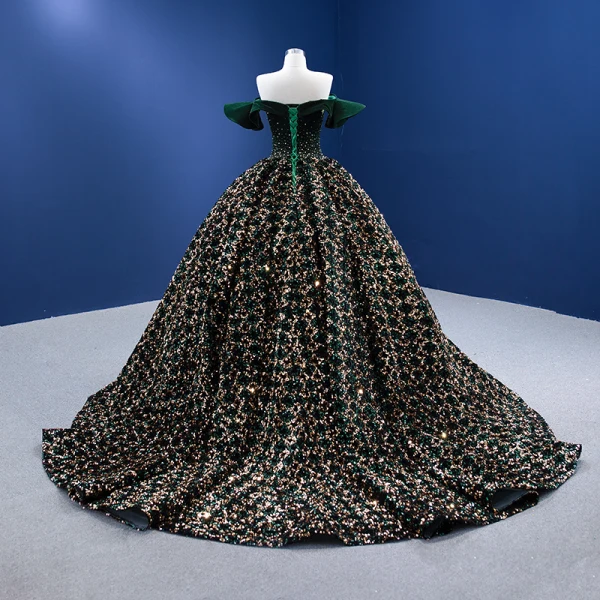 Scintillantes Vert Foncé Perlage Paillettes Daim Robe De Bal 2022 Robe Boule De l'épaule Manches Courtes Dos Nu Chapel Train Promo Robe De Ceremonie