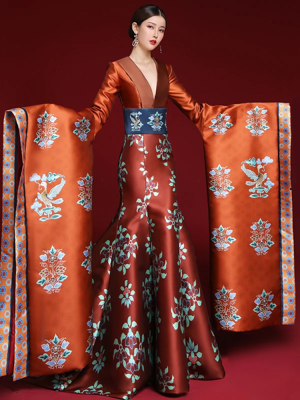 Amazing / Unique Chinese style Burgundy Printing Prom Dresses 2022 Trumpet / Mermaid Satin V-Neck Long Sleeve Backless Court Train Formal Dresses