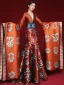 Amazing / Unique Chinese style Burgundy Printing Prom Dresses 2022 Trumpet / Mermaid Satin V-Neck Long Sleeve Backless Court Train Formal Dresses