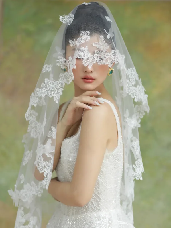 Vintage / Retro White Lace Butterfly 1 m Wedding Veils Tulle 2026