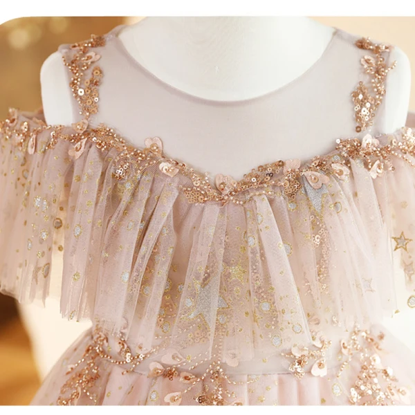 Bling Bling Blushing Pink Beading Star Sequins Birthday Flower Girl Dresses 2023 Ball Gown Scoop Neck Short Sleeve Backless Floor-Length / Long Flower Girl Dresses