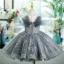 Bling Bling Grey Beading Sequins Lace Flower Short Flower Girl Dresses 2024 Ball Gown Birthday Strapless Sleeveless Tulle