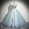 Elegant Sky Blue Beading Prom Dresses 2024 Ball Gown Square Neckline Short Sleeve Backless Floor-Length / Long Prom Formal Dresses