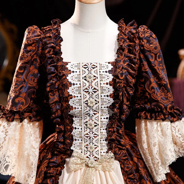 Medieval Vintage / Retro Brown Printing Prom Dresses 2025 Ball Gown Square Neckline Bell sleeves Backless Floor-Length / Long Prom Formal Dresses