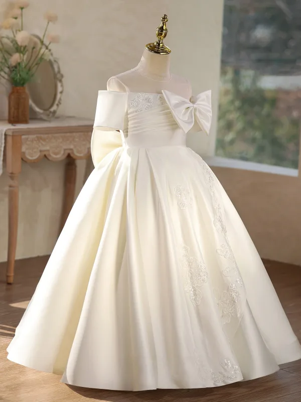 Elegante Ivory / Creme Satin Schleife Hochzeit Blumenmädchenkleider 2026 Ballkleid Rundhalsausschnitt Kurze Ärmel Rückenfreies Lange