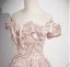 Chic / Beautiful Blushing Pink Flower Sequins Prom Dresses 2025 A-Line / Princess Ruffle Off-The-Shoulder Short Sleeve Backless Floor-Length / Long Prom Formal Dresses