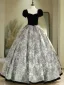 Vintage / Retro Black Pearl Velvet Printing Prom Dresses 2024 Ball Gown Square Neckline Short Sleeve Backless Floor-Length / Long Prom Formal Dresses