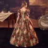Vintage / Retro Medieval Multi-Colors Printing Prom Dresses 2022 A-Line / Princess Square Neckline Short Sleeve Backless Beading Pearl Floor-Length / Long Formal Dresses