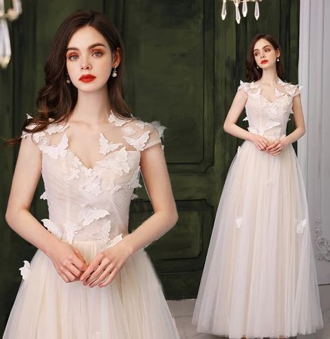 Fashion White Lace Butterfly Prom Dresses 2022 A-Line / Princess Scoop Neck Sleeveless Backless Floor-Length / Long Formal Dresses