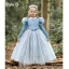 Fashion Sky Blue Star Sequins Birthday Flower Girl Dresses 2023 A-Line / Princess High Neck Puffy Short Sleeve Tea-length Flower Girl Dresses