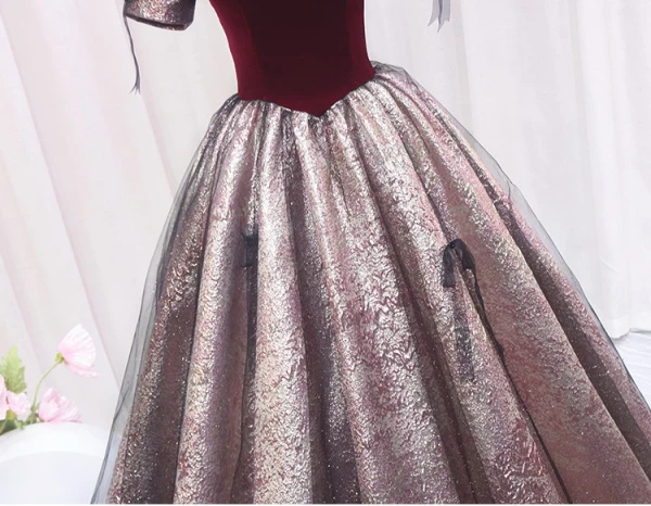 Elegant Burgundy Glitter Prom Dresses 2024 Ball Gown Square Neckline Puffy Short Sleeve Backless Floor-Length / Long Prom Formal Dresses