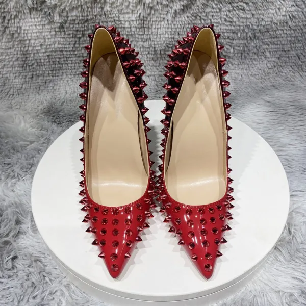 Unusual Burgundy Gradient-Color Rivet Evening Party Pumps 2022 12 cm Stiletto Heels Pointed Toe Pumps High Heels