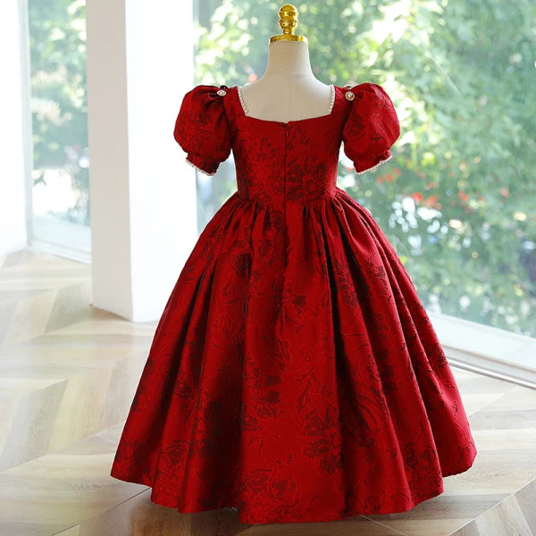 Élégant Bordeaux Anniversaire Perle Satin Impression Robe Ceremonie Fille 2023 Robe Boule Encolure Carrée Gonflée Manches Courtes Dos Nu Longue Robe Ceremonie Fille