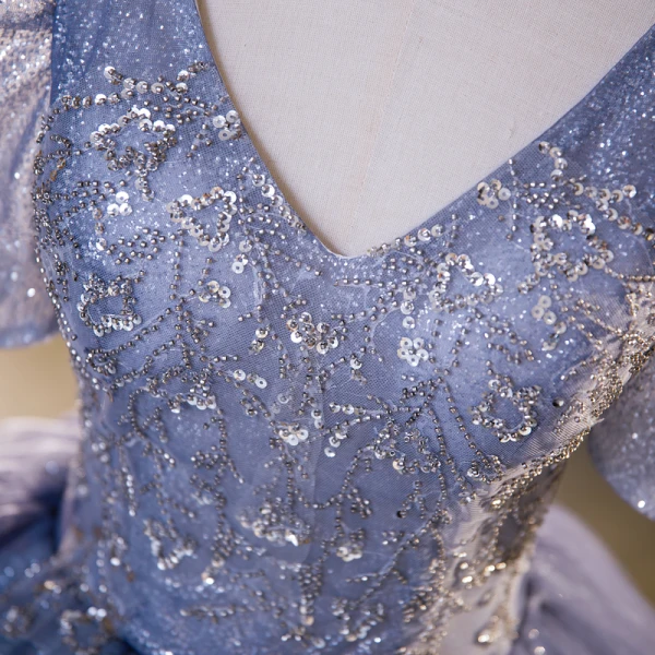 Bling Bling Elegant Ocean Blue Sequins Prom Dresses 2023 Ball Gown V-Neck Short Sleeve Backless Floor-Length / Long Prom Formal Dresses