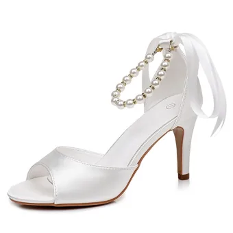 Elegante Witte Parel Strik Enkelband Bruidsschoenen 2026 8 Cm Naaldhakken Stiletto Peep Toe Huwelijk Sandalen Hoge Hakken