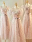 Chic / Belle Rougissant Rose Robe Demoiselle D'honneur 2023 Princesse Encolure Carrée Manches Courtes Dos Nu Noeud Ceinture Longue Robe Demoiselle D'honneur