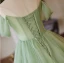 Chic / Beautiful Sage Green Cascading Ruffles Pleated Prom Dresses 2024 Ball Gown Off-The-Shoulder Short Sleeve Backless Sweep Train Prom Formal Dresses