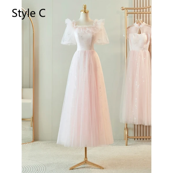 Simple Rougissant Rose Paillettes Robe Demoiselle D'honneur 2024 Princesse Manches Courtes Dos Nu Longue
