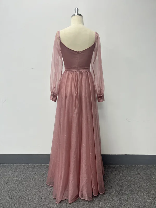 Elegant Blushing Pink Prom Dresses 2024 A-Line / Princess V-Neck Long Sleeve Backless Floor-Length / Long Prom Formal Dresses