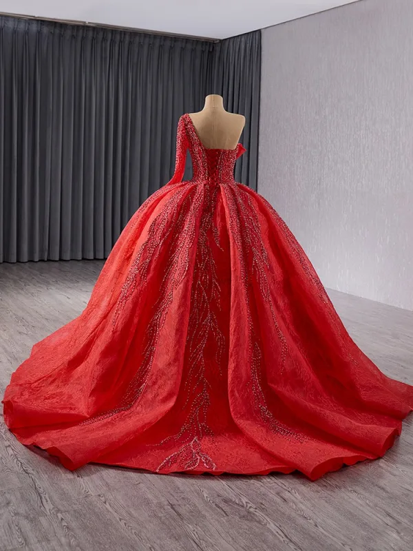 Luxe Rouge Fait main Perlage Robe De Bal 2024 Robe Boule Une épaule Manches Longues Dos Nu Train De Balayage Promo Robe De Ceremonie