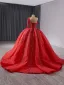 Luxe Rouge Fait main Perlage Robe De Bal 2024 Robe Boule Une épaule Manches Longues Dos Nu Train De Balayage Promo Robe De Ceremonie