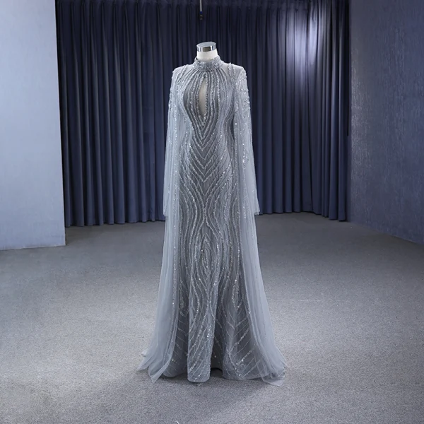 High-end Grey Handmade  Beading Sequins Evening Dresses 2023 Trumpet / Mermaid High Neck Long Sleeve Floor-Length / Long Evening Party Formal Dresses