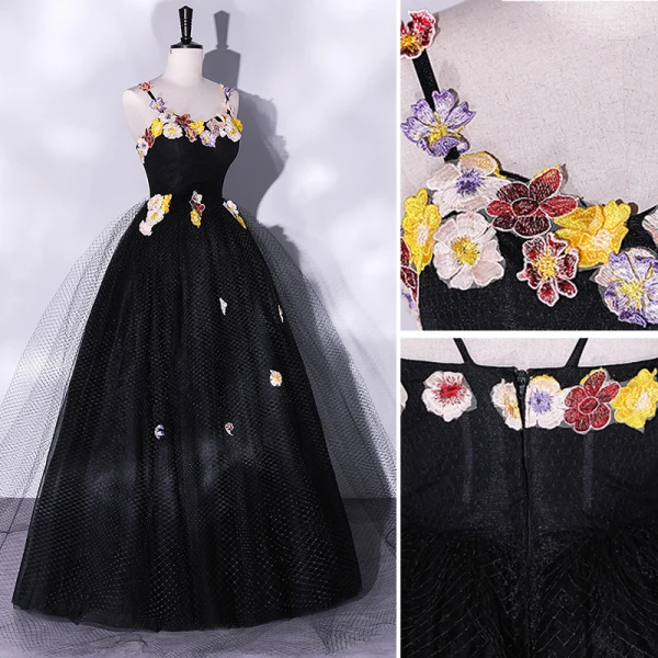 Classic Black Lace Flower Prom Dresses 2022 A-Line / Princess Spaghetti Straps Sleeveless Backless Floor-Length / Long Prom Formal Dresses
