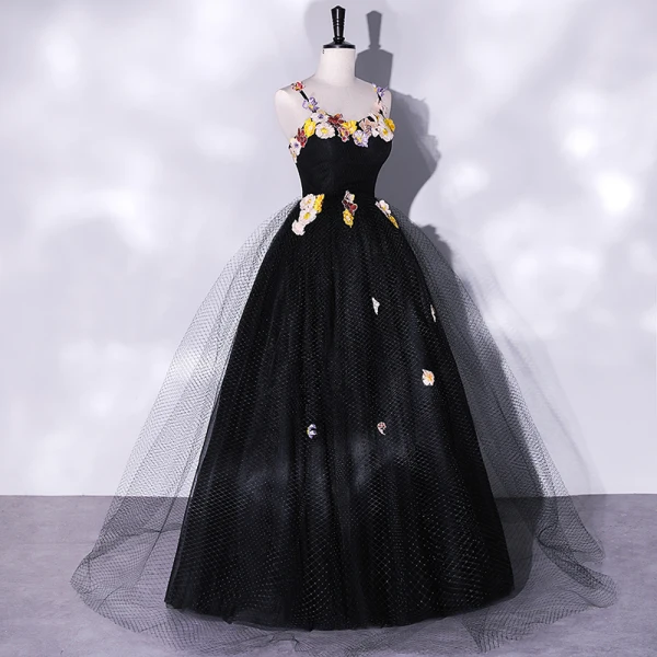 Classic Black Lace Flower Prom Dresses 2022 A-Line / Princess Spaghetti Straps Sleeveless Backless Floor-Length / Long Prom Formal Dresses