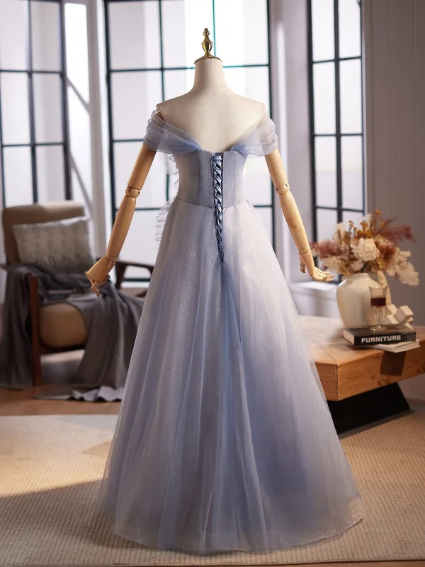 Charming Sky Blue Beading Pearl Sequins Prom Dresses 2025 A-Line / Princess Off-The-Shoulder Sleeveless Backless Floor-Length / Long Formal Dresses