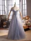 Charming Sky Blue Beading Pearl Sequins Prom Dresses 2025 A-Line / Princess Off-The-Shoulder Sleeveless Backless Floor-Length / Long Formal Dresses