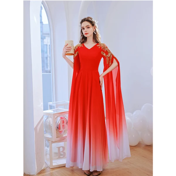 Chic / Belle Rouge Dégradé De Couleur Robe De Bal 2022 Princesse V-Cou Perlage Paillettes Manches Longues Longue Robe De Ceremonie
