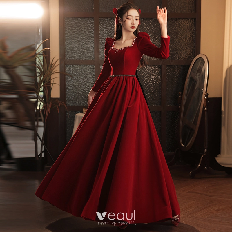 Elegant Burgundy Rhinestone Prom Dresses 2023 A Line Princess Square Neckline Sash Long Sleeve Backless Bow Floor Length Long Prom Formal Dresses Elegant Burgundy Rhinestone Prom Dresses 2023 A Line Princess Square Neckline Sash Long Sleeve Backless Bow Floor Length Long Prom Formal Dresses