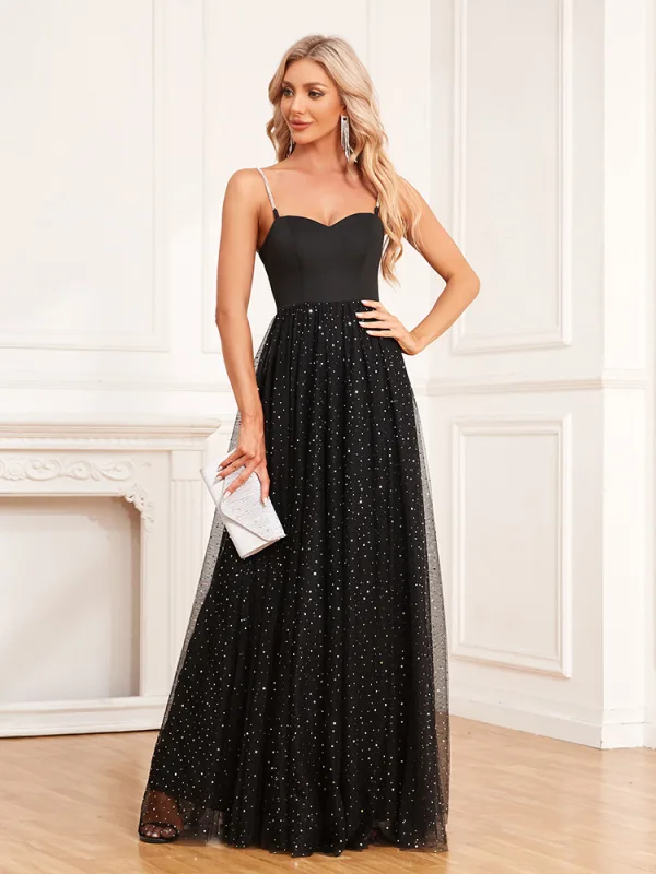 Charmant Noire Paillettes Robe De Soirée 2024 Princesse Bretelles Spaghetti Sans Manches Dos Nu Longue Soirée Robe De Ceremonie