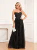 Charming Black Sequins Evening Dresses 2024 A-Line / Princess Spaghetti Straps Sleeveless Backless Floor-Length / Long Evening Party Formal Dresses