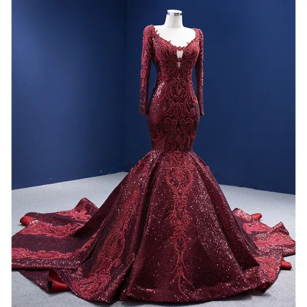 Luxury / Gorgeous High-end Burgundy Evening Dresses 2022 Trumpet / Mermaid Scoop Neck Beading Pearl Rhinestone Sequins Long Sleeve Royal Train Evening Party Formal Dresses