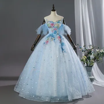 Éclatant Bleu Ciel En Dentelle Fleur Appliques Paillettes Robe De Bal 2026 Robe Boule Bustier Sans Manches Dos Nu