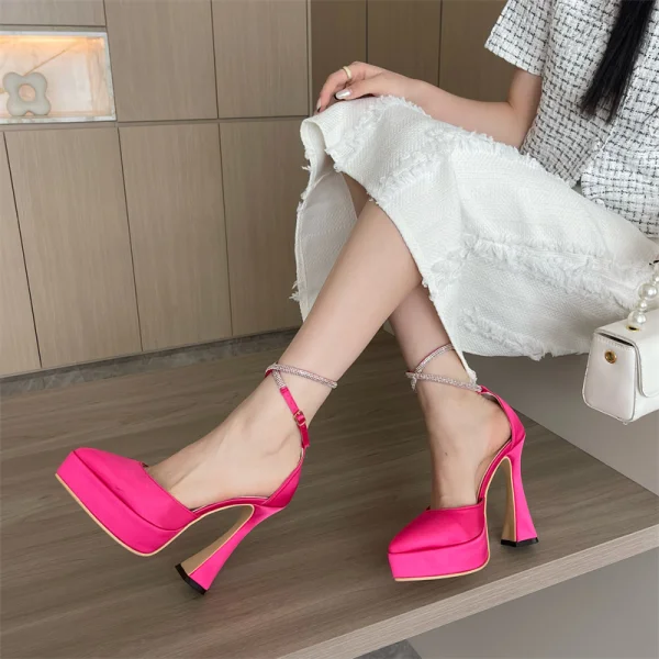 Sexy Fuchsia Cocktail Party Evening Party Satin Womens Sandals 2023 Rhinestone Ankle Strap 13 cm Stiletto Heels Pointed Toe Sandals High Heels