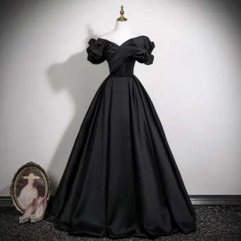 Vintage Originale Noire Robe De Bal 2025 Robe Boule De L Épaule Manches Courtes Dos Nu Longue Robe De Ceremonie