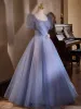 Chic / Beautiful Sky Blue Beading Pearl Appliques Prom Dresses 2024 Ball Gown Scoop Neck Puffy Short Sleeve Backless Floor-Length / Long Prom Formal Dresses