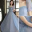 Simple Bleu Ciel Robe De Bal 2023 Princesse Encolure Carrée Manches Courtes Dos Nu Noeud Ceinture Longue Promo Robe De Ceremonie