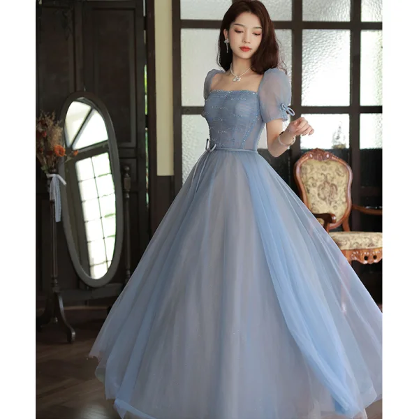 Simple Bleu Ciel Robe De Bal 2023 Princesse Encolure Carrée Manches Courtes Dos Nu Noeud Ceinture Longue Promo Robe De Ceremonie