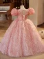 Lovely Blushing Pink Pearl Sequins Rhinestone Tassel Birthday Flower Girl Dresses 2024 Ball Gown Scoop Neck Puffy Short Sleeve Backless Floor-Length / Long