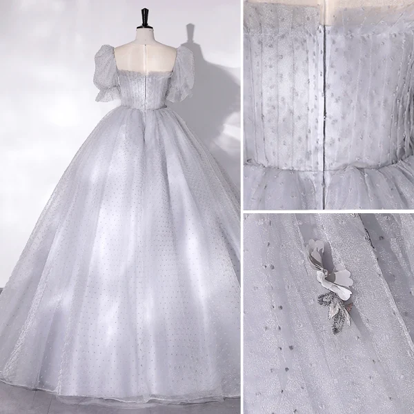 Chic / Beautiful Silver Grey Prom Dresses 2022 Ball Gown Scoop Neck Beading Lace Flower Appliques Short Sleeve Floor-Length / Long Formal Dresses
